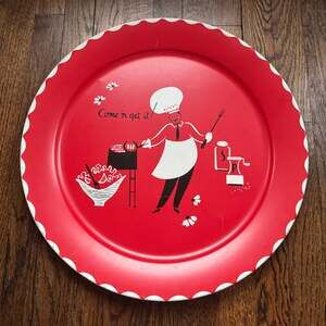 VINTAGE ‘50s Marceline Stoyke Chef BBQ RED 19” MCM MID CENTURY MODERN METAL TRAY